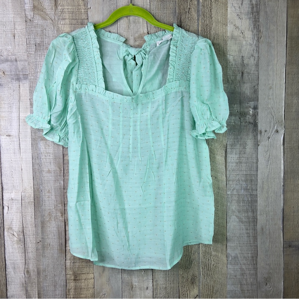 Mine Size Large Light Green Clip Dot(Tan) Short Puff Stretch Sleeves Back Tie
